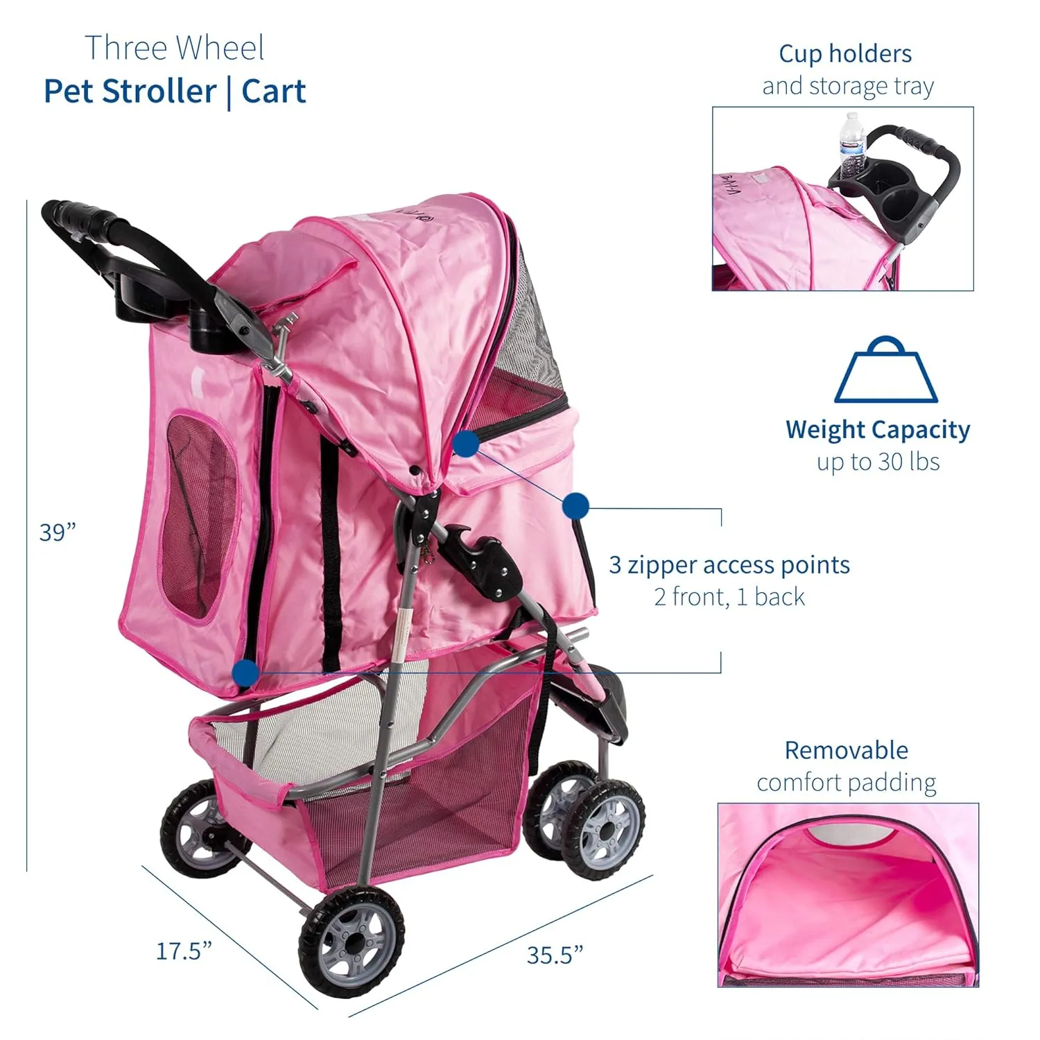 VIVO Pink 3 Wheel Pet Stroller for Cat, Dog and More, Foldable Carrier Strolling Cart, STROLR-V003N