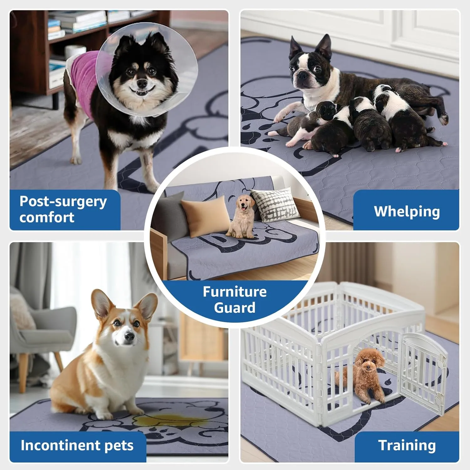Washable Pee Pads for Dogs: 48x48 Inches Reusable Puppy Pads - Absorbent Whelping Pads, Non-Slip Waterproof Pet Training Pads for Couch, Crate, Potty Training, Floor, Gray