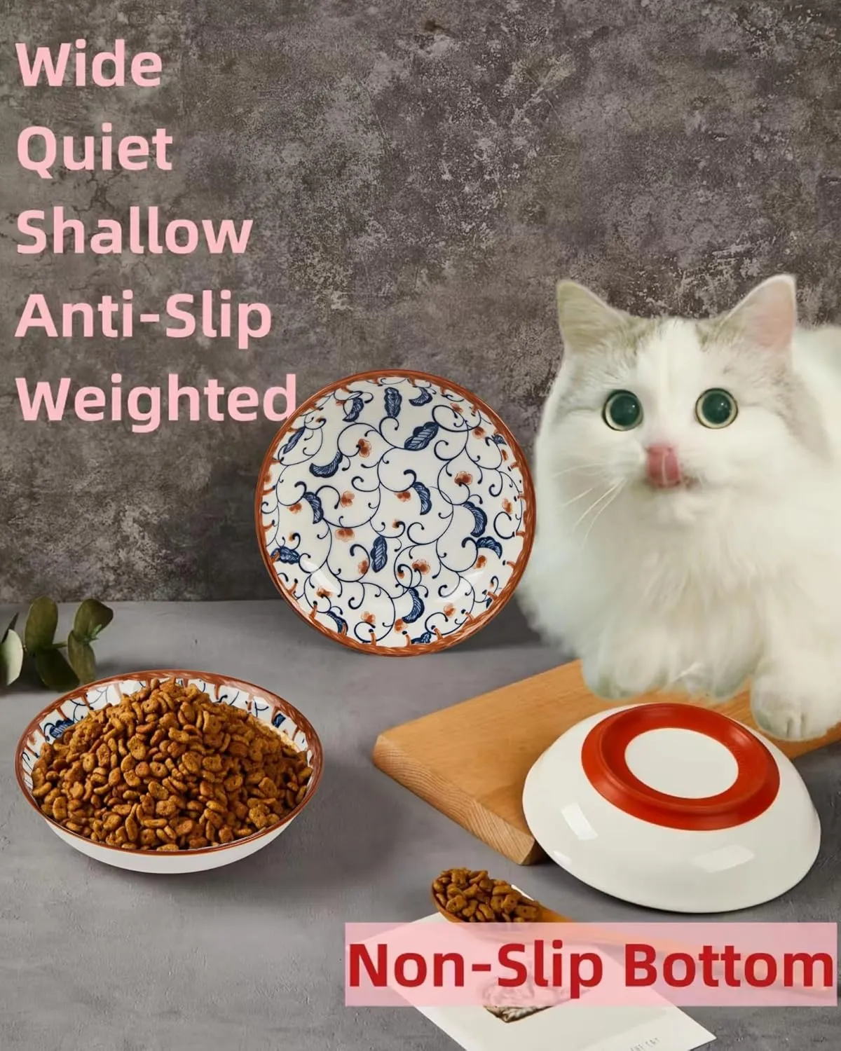 Whisker Fatigue Cat Bowl - 5.5 in Ceramic, Shallow Cat Food Dish, Cute Flat Bowl with Silicone Bottom, Non-Slip and Quiet