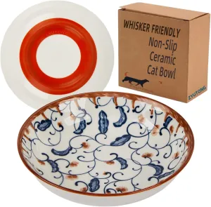 Whisker Fatigue Cat Bowl - 5.5 in Ceramic, Shallow Cat Food Dish, Cute Flat Bowl with Silicone Bottom, Non-Slip and Quiet