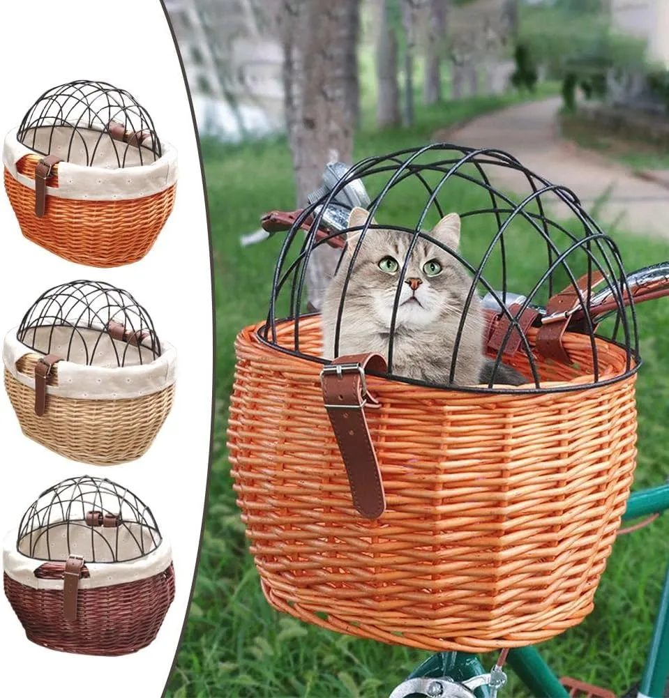 Wicker Bike Basket,for Small Dogs Cats Pet Carrier Front Basket with Wire Mesh Cover (Wood Color)
