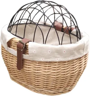 Wicker Bike Basket,for Small Dogs Cats Pet Carrier Front Basket with Wire Mesh Cover (Wood Color)