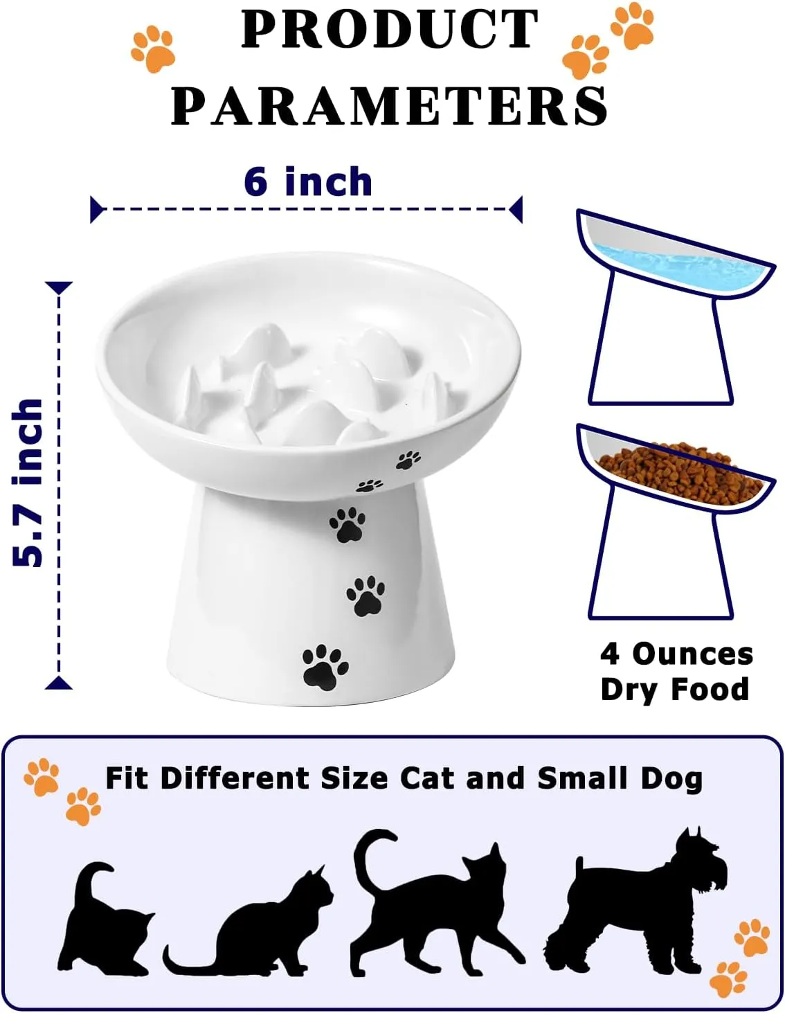 Y YHY Pet Feeder, Ceramic Cat Slow Feeder Bowl, 6 Inches, Elevated, Anti Vomiting for Dry and Wet Food, White