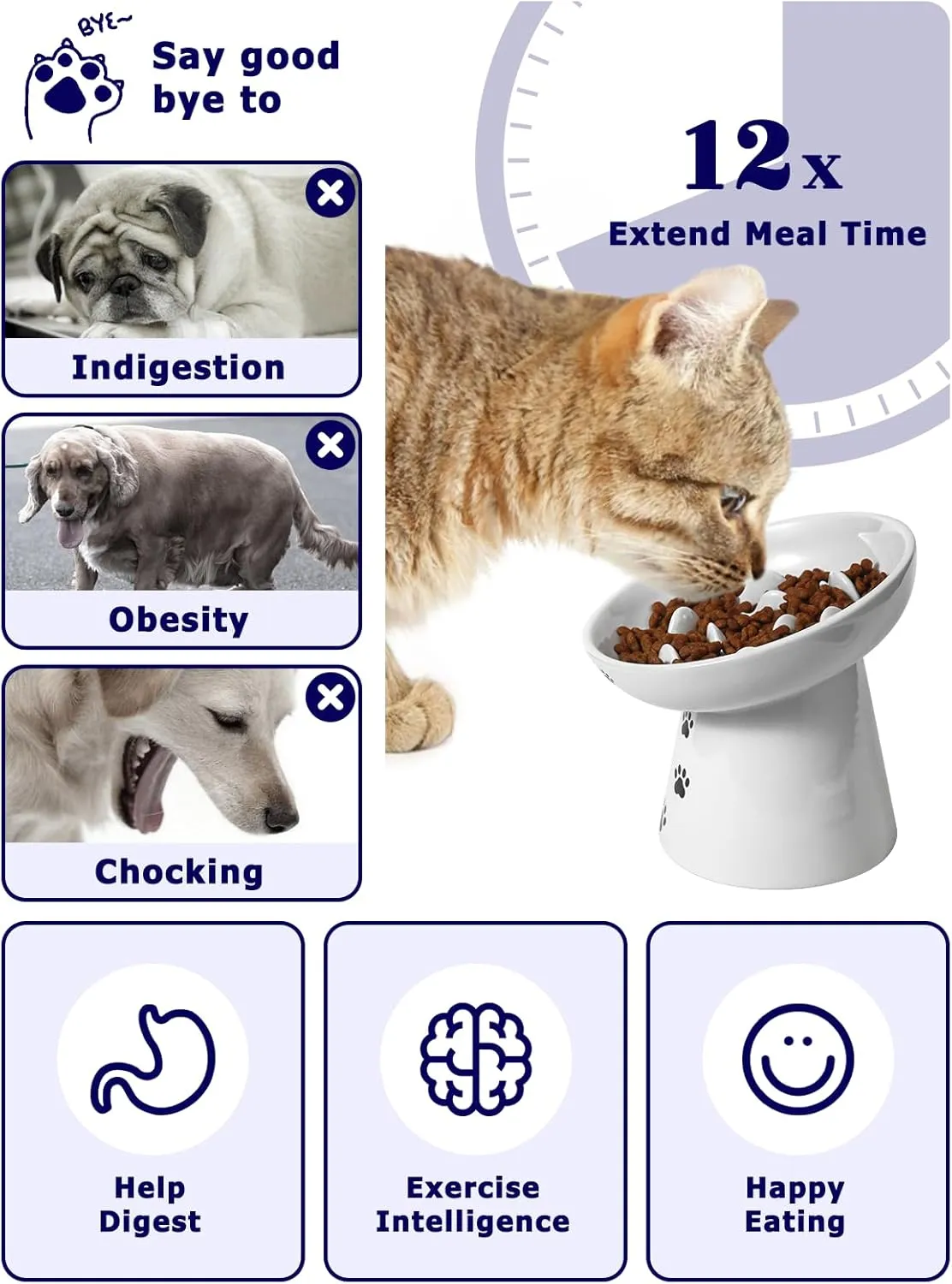 Y YHY Pet Feeder, Ceramic Cat Slow Feeder Bowl, 6 Inches, Elevated, Anti Vomiting for Dry and Wet Food, White
