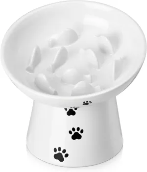 Y YHY Pet Feeder, Ceramic Cat Slow Feeder Bowl, 6 Inches, Elevated, Anti Vomiting for Dry and Wet Food, White