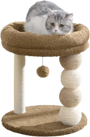 YOCAN Small Cat Tree Tower Indoor with Large Cozy Plush Top Perch, Natural Sisal Scratching Posts, Interactive Dangling Ball Great for Kittens and Cats (Brown)