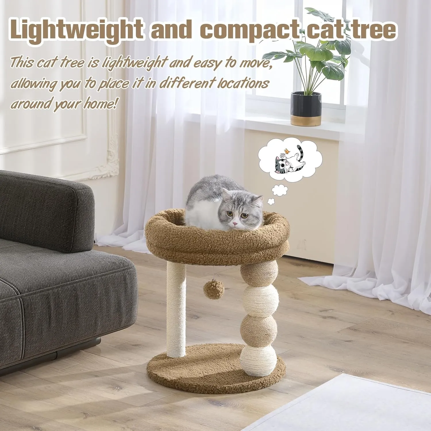 YOCAN Small Cat Tree Tower Indoor with Large Cozy Plush Top Perch, Natural Sisal Scratching Posts, Interactive Dangling Ball Great for Kittens and Cats (Brown)